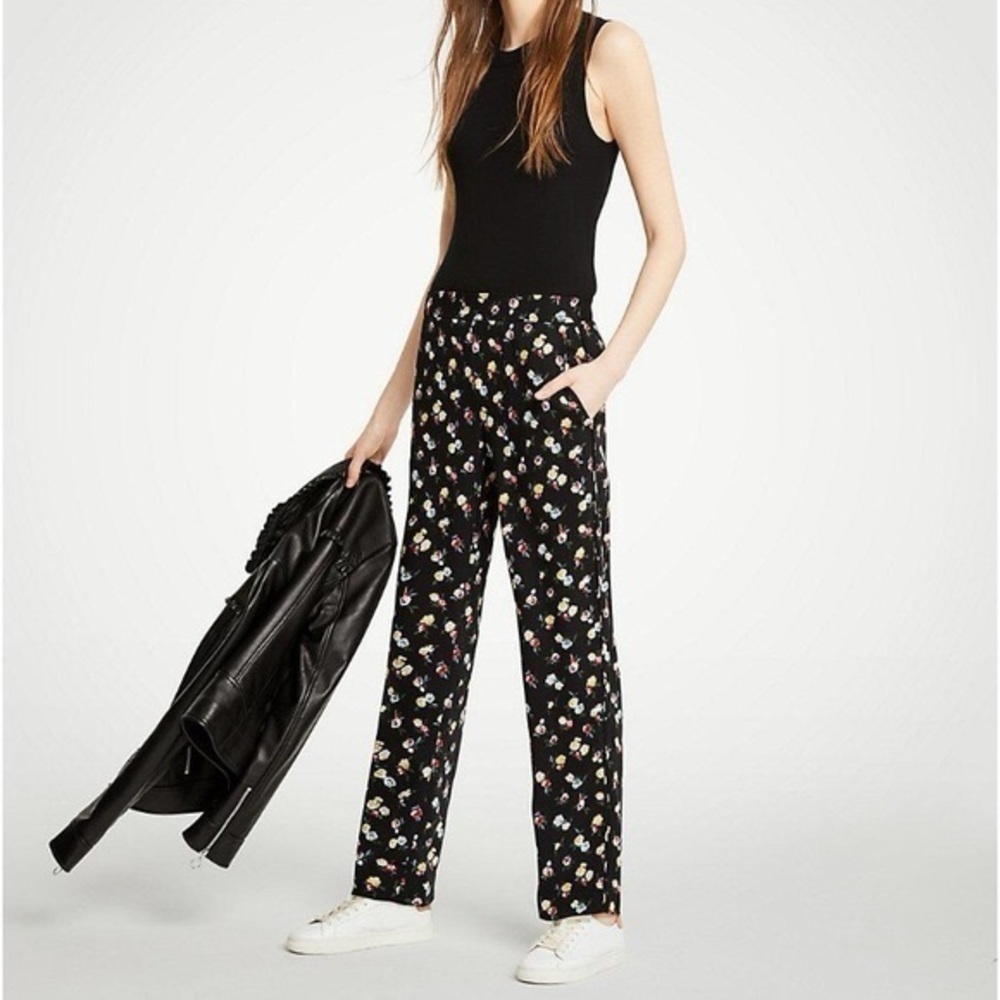 Ann Taylor Floral side zip elastic waistband wide/streght leg pants size M
